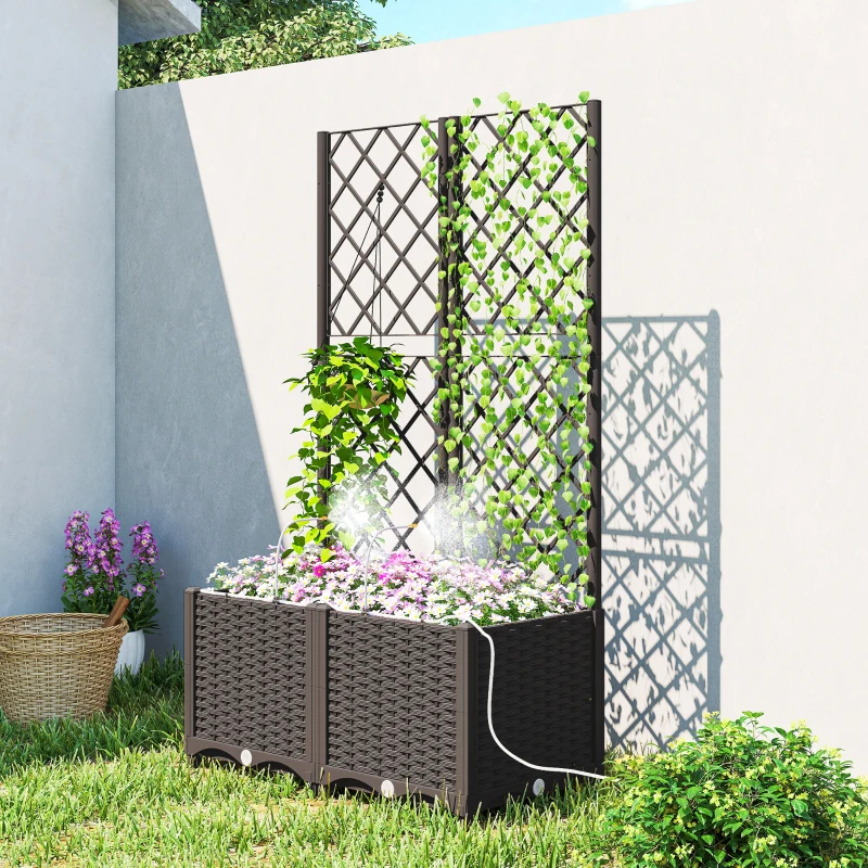 Outsunny 2er Set Spalier mit Pflanzkasten Blumenkasten mit Drainageloch Timer Bewässerungssystem 80 x 40 x 136 cm Braun