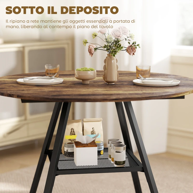 HOMCOM Tavolo da pranzo 4 posti, 100 cm rotondo, cucina industriale, ripiano portaoggetti, marrone rustico.