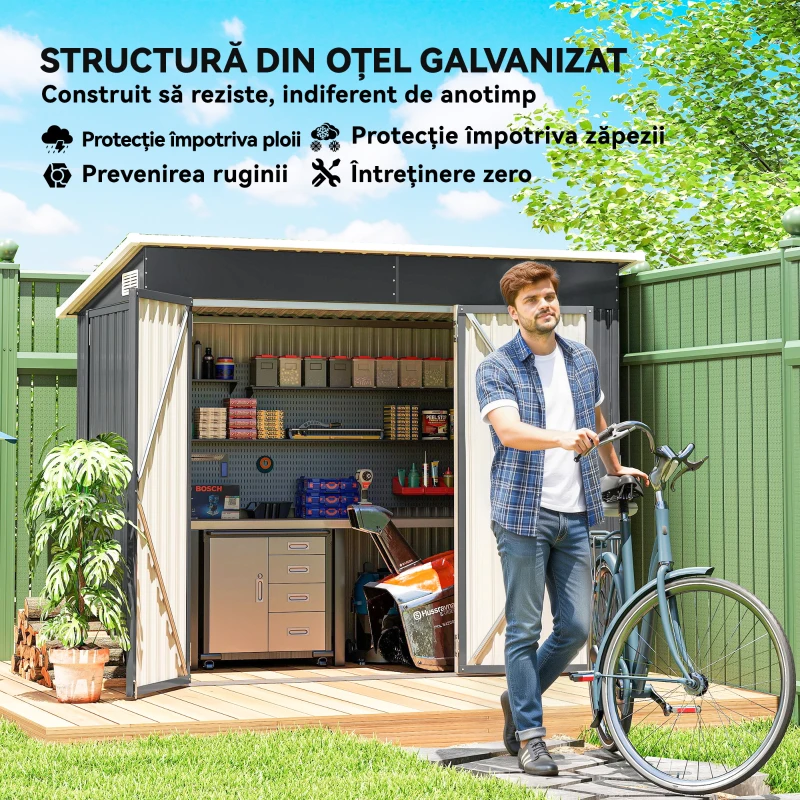 Outsunny Căsuță de Grădină din Oțel cu 3 Uși Blocabile, 234x132x185 cm, Gri Închis