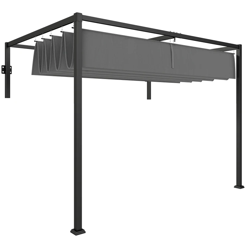 Outsunny Pérgola de Jardín de Pared 297x211x220 cm Cenador con Techo Retráctil y Marco de Acero para Patio Terraza Gris Oscuro
