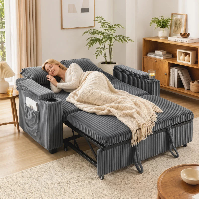 HOMCOM 2 Seater Sofa Bed, Pull Out Sleeper Sofa w/ Adjustable Backrest, Storage Armrests, Cup Holders, Side Pockets, Dark Grey