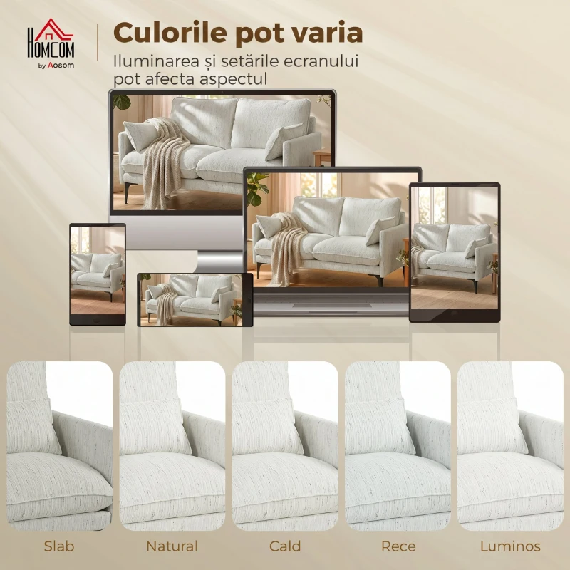 HOMCOM Canapea 2 Locuri cu Brațe, Perne Groase și 2 Perne, 131x78x83 cm, Alb