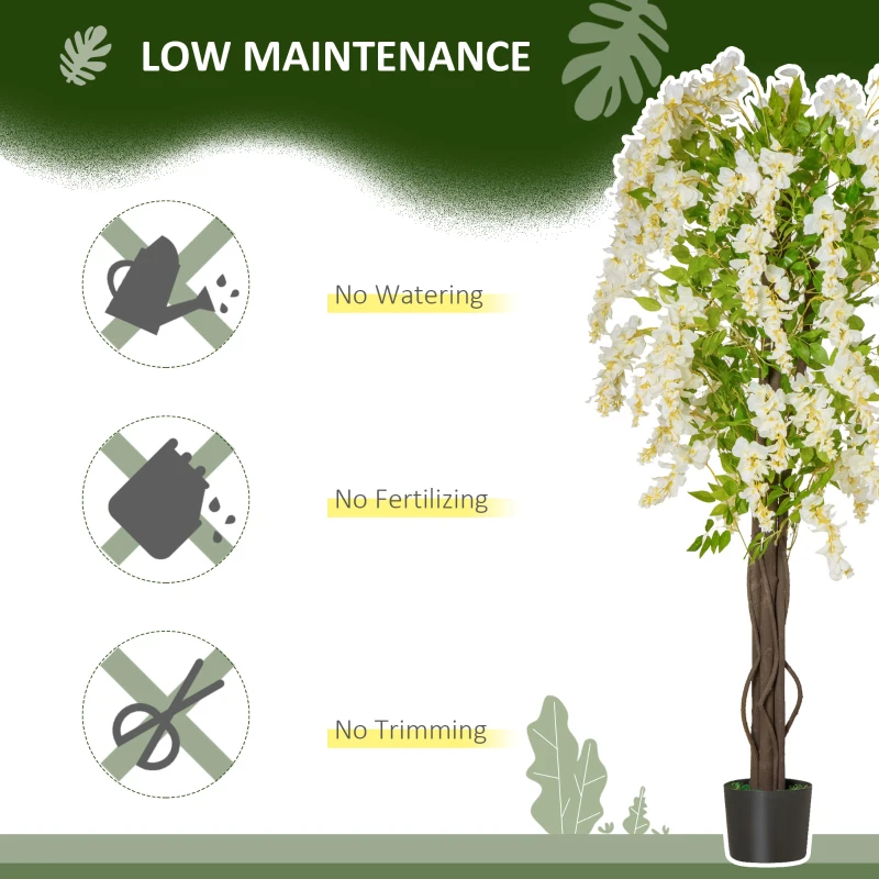 HOMCOM Artificial Plant White Wisteria Tree Faux Decorative Plant in Nursery Pot for Indoor Decor, 160cm