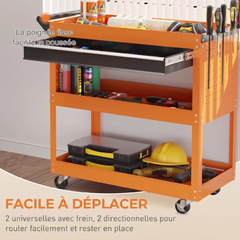 DURHAND Chariot d'atelier servante atelier à 3 niveaux avec tiroir, porte-outils latéral et poignée, 82x35x76 cm, orange