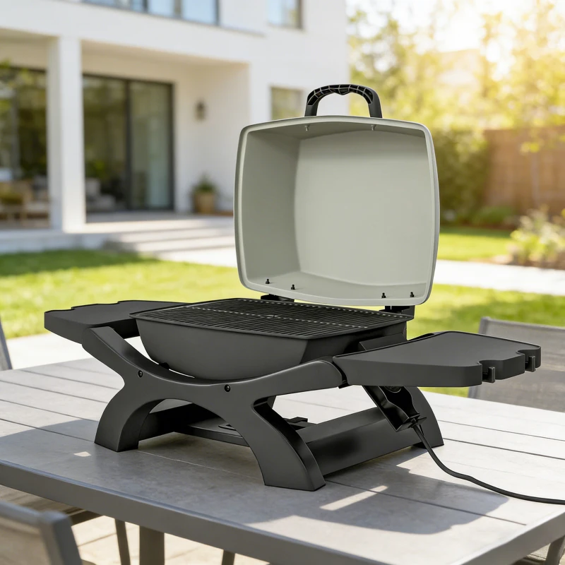 Outsunny Barbecue électrique extérieur 2300W, barbecue de table portable avec grilles émaillées, étagères latérales, noir