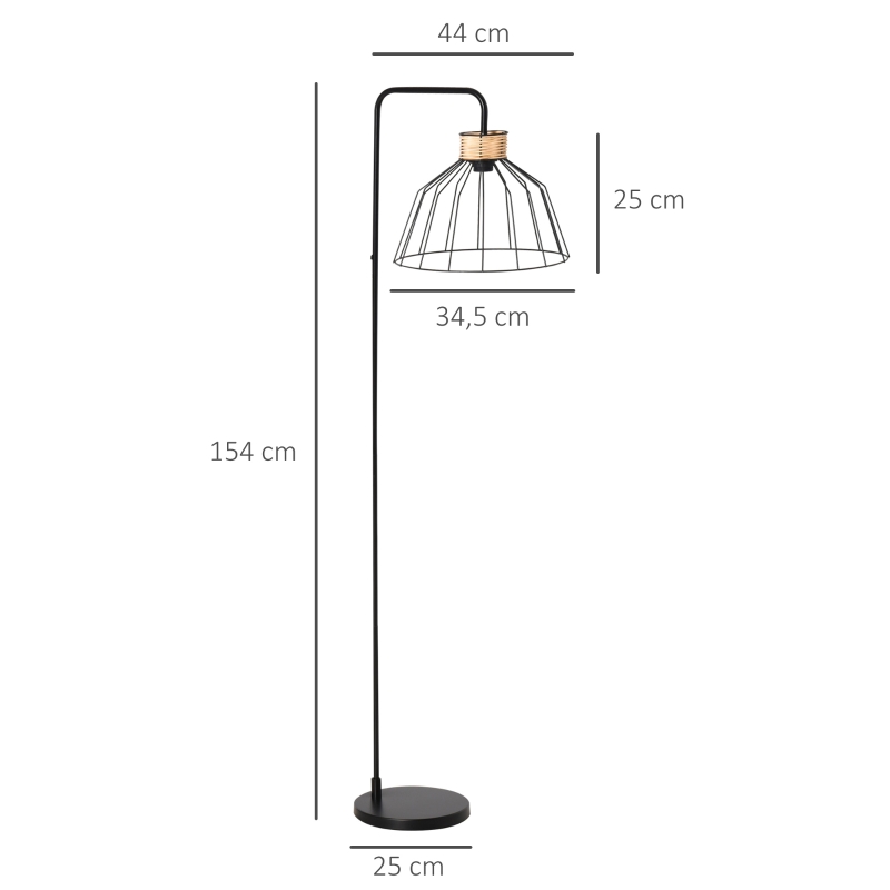 HOMCOM Luminária de chão design elegante em metal com decoração em vime ideal para casa escritório restaurante e café 44 x 34 x 154 cm preto
