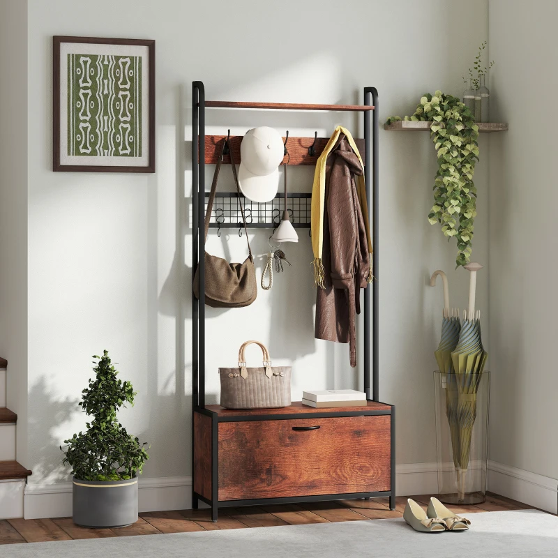 HOMCOM 5-In-1 Industrial-Style Hallway Tree - Brown/Black