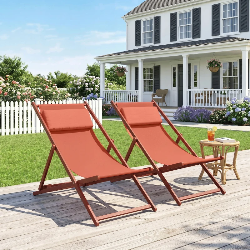 Outsunny Lot de 2 bain de soleil, chaise longue pliante avec appuie-tête en textilène inclinable 60 x 100 x 85 cm, rouge brique