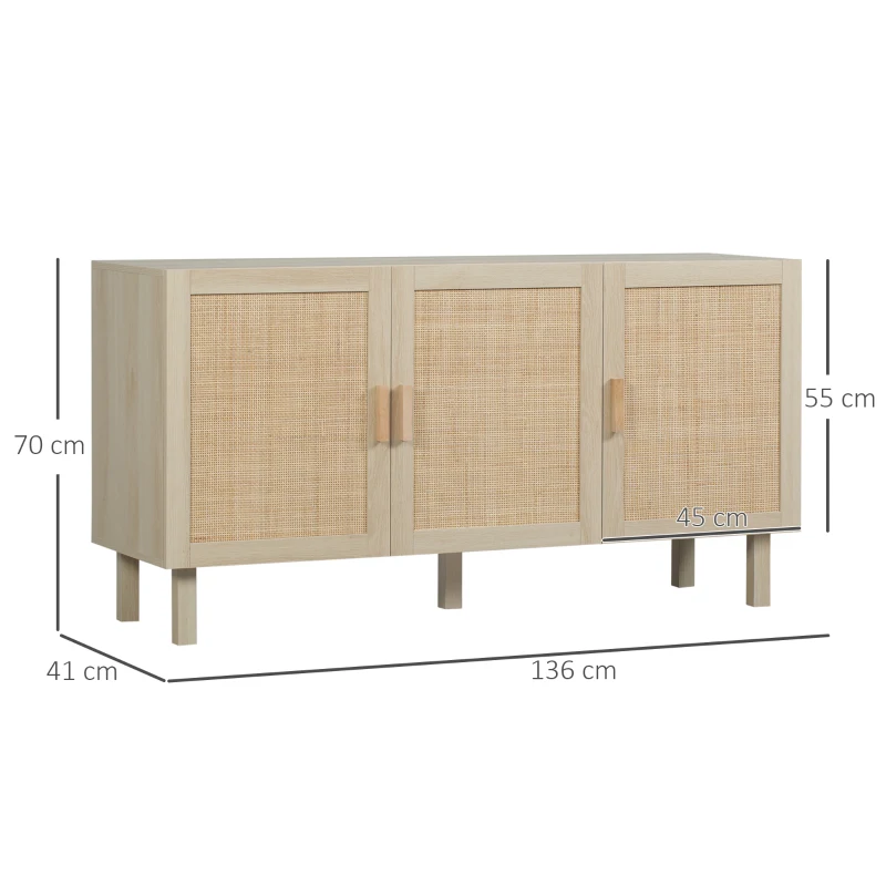 HOMCOM Buffet Meuble de Rangement Placard 3 Portes avec étagère réglable Effet cannage Style bohème - 136 x 41 x 70 cm