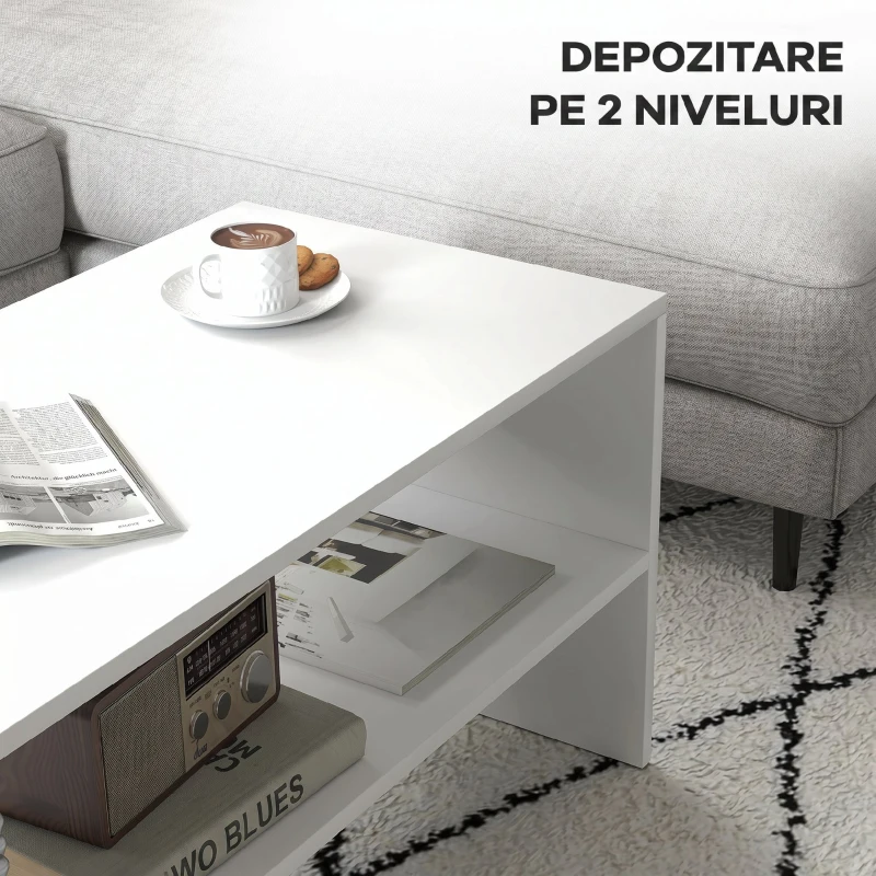 HOMCOM Masă de Cafea Modernă din Lemn cu 2 Niveluri și Raft Deschis, 100x40x41,5 cm, Alb