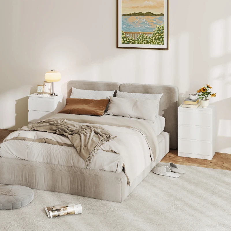 HOMCOM Nachttische im 2er-Set, 3 Schubladen, griffloses Design, Holzoptik, Weiß