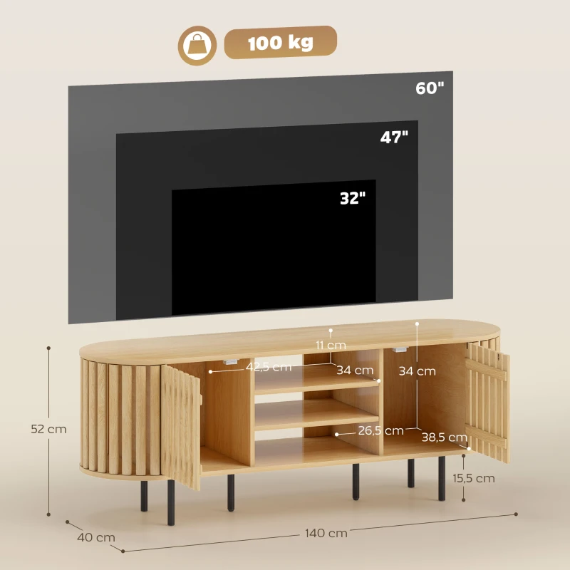 HOMCOM Meuble TV, meuble télé pour téléviseur 60 pouces, 2 portes à lattes, 140x40x52cm, bois naturel