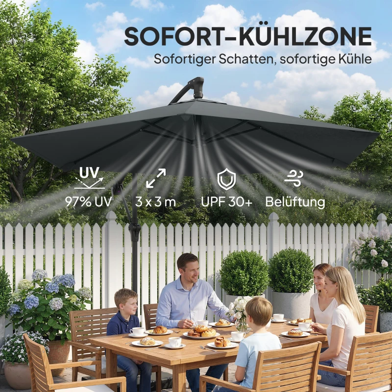 Outsunny Ampelschirm ca. Ø300 cm Sonnenschirm mit Verriegelungsmechanismus Kurbel Ständer Gewichten Dunkelgrau