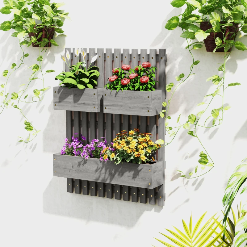 Outsunny Jardinière murale potager avec 3 bacs en bois massif amovibles, tissu non tissé, 60 x 16 x 80 cm gris