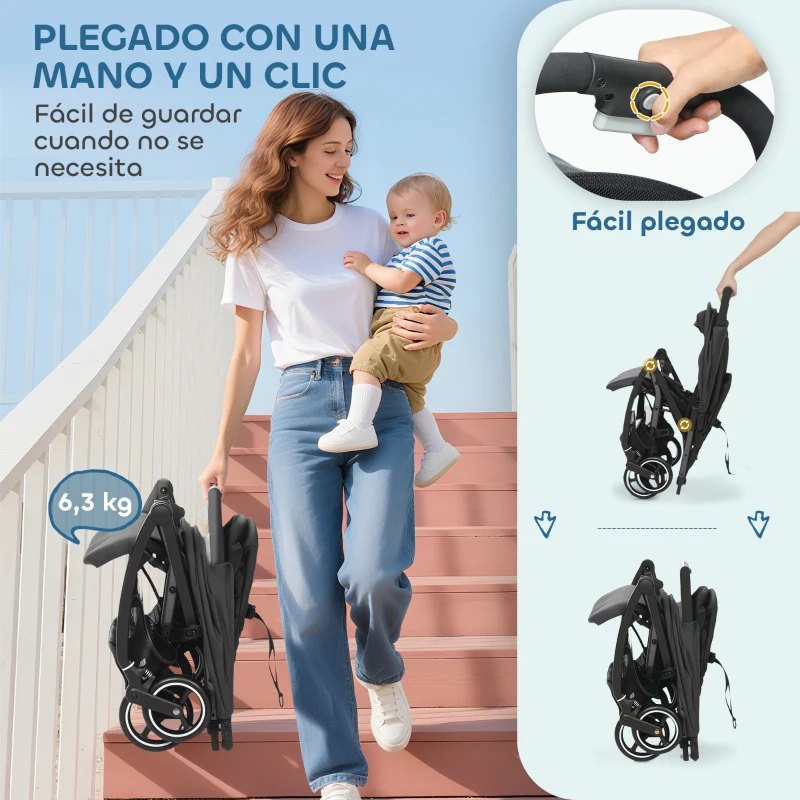 AIYAPLAY Carrito para Bebé Plegable con Respaldo Reclinable Reposapiés Ajustable Capota Cesta Arnés Carga 15 kg Gris Oscuro
