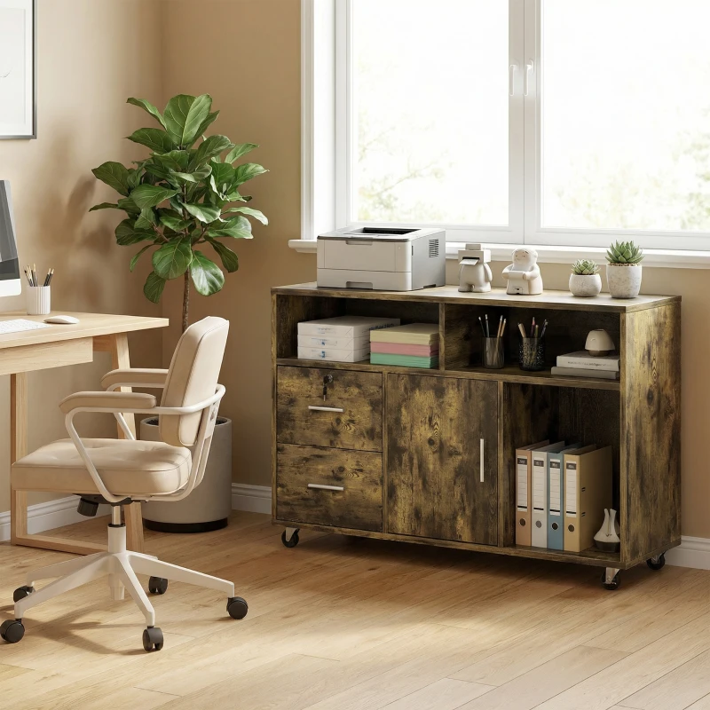 HOMCOM Dulap pentru Imprimantă pe Roți cu 2 Sertare cu Încuietoare, 3 Rafturi și Dulap, Dulap pentru Documente de Birou și Studio, 100x35x65 cm, Maro Rustic