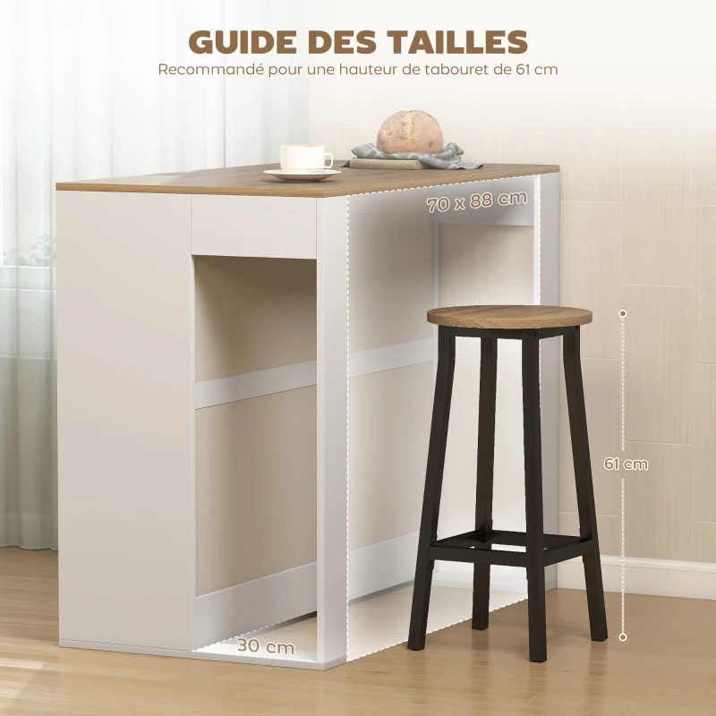 HOMCOM Table de bar, table haute cuisine à 3 niveaux 2 compartiments ouverts, plateau effet bois naturel 113 x 60 x 90 cm blanc