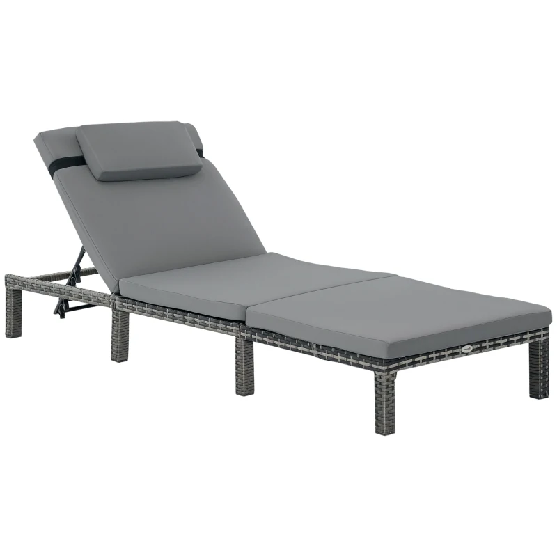Outsunny PE Rattan Sun Lounger with Soft Padded Cushion - Patio Sun Lounger with 5-Level Reclining and Headrest, Grey