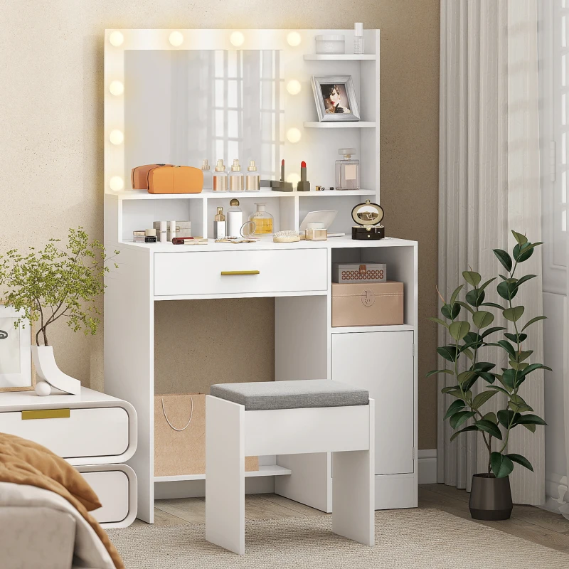 HOMCOM Tocador de Maquillaje con Luces LED y Taburete Espejo 10 Bombillas Cajón Estantes Compartimentos Blanco