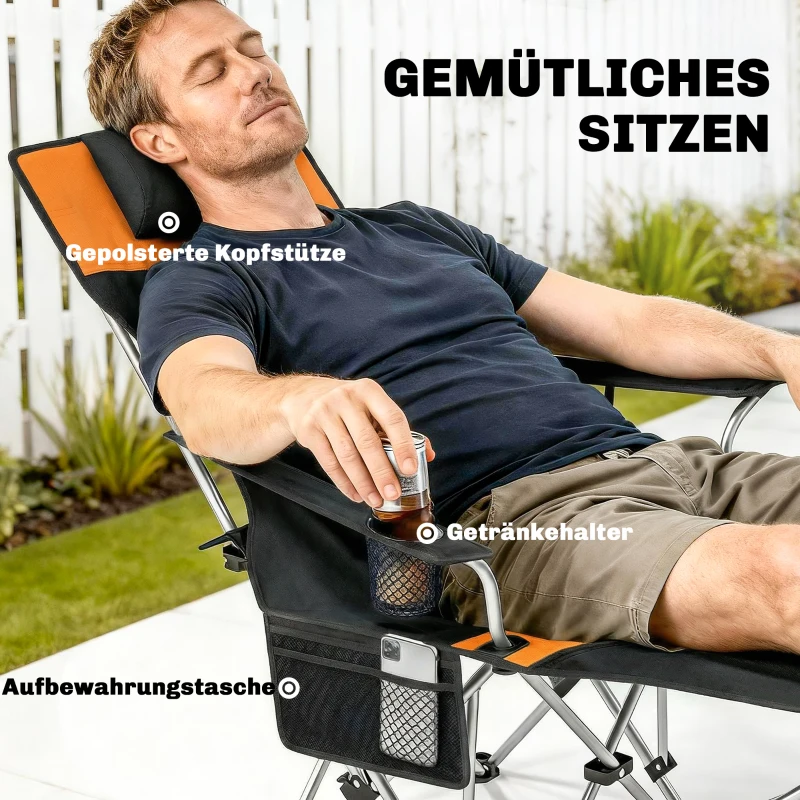 Outsunny 2er Set Campingstuhl faltbar Angelstuhl mit abnehmbar Fußstütze Getränkehalter belastbar 120 kg Orange