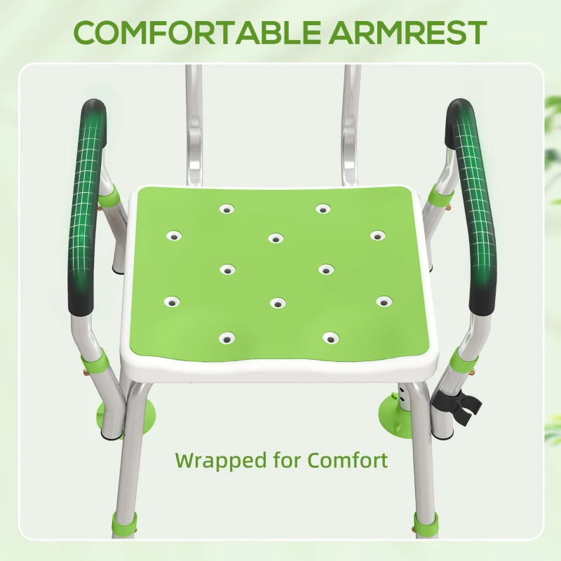 HOMCOM EVA Padded Shower Chair for the Elderly and Disabled, Height Adjustable Shower Stool with Back and Arms, 4 Suction Foot Pads, Green