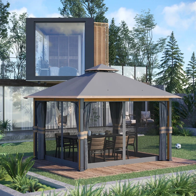 Outsunny Gazebo da Giardino 3x4 m con Zanzariera e Tende, Alluminio e Acciaio, Grigio e Marrone