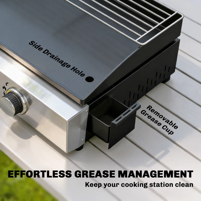Outsunny 3 Burner Grill Griddle, Portable Gas Plancha with Warming Rack, 7.5 kW, Tabletop Gas BBQ with Grease Cup, Black