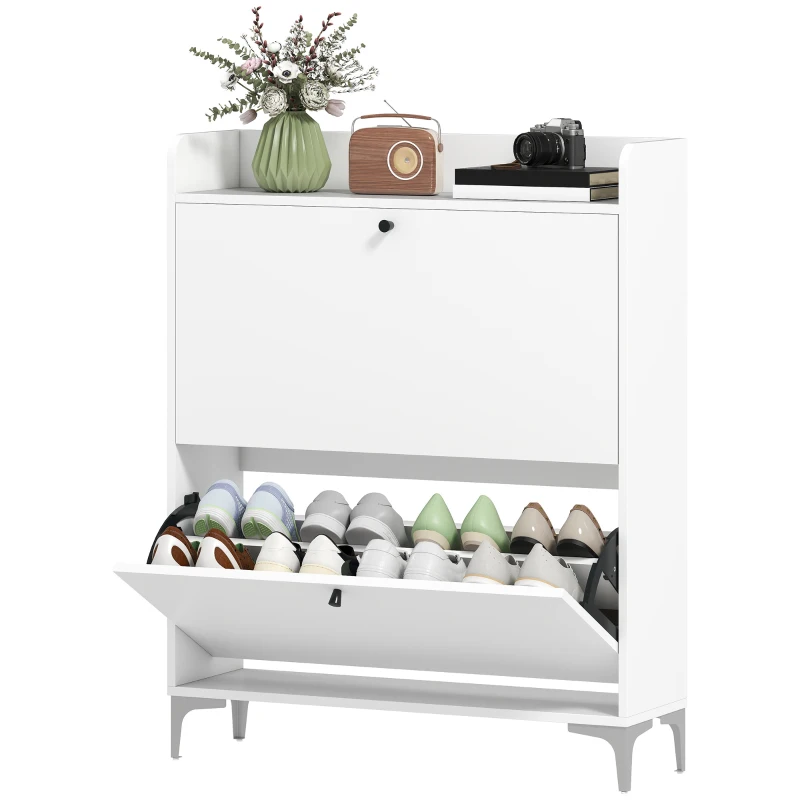 HOMCOM Meuble à chaussures 16 paires, armoire à chaussures avec 2 tiroirs rabattables, étagères réglables, 80x24x101cm, blanc