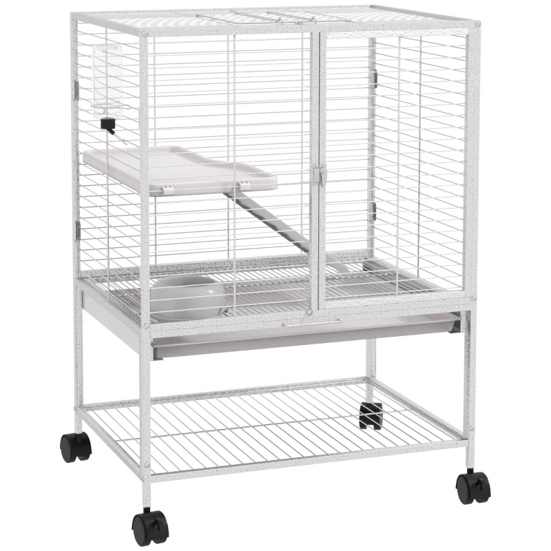 PawHut Cage pour petits animaux sur roulettes 2 niveaux avec 2 portes, 1 rampe, 1 étagère de rangement 61,5 x 44,5 x 86 cm gris