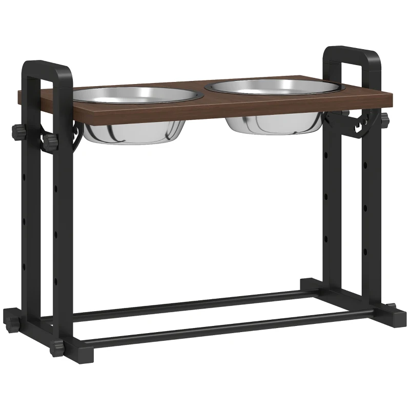 PawHut Comedouro Elevado para Cães 4 Alturas Ajustáveis com Suporte 2x1,2 L Tigelas de Aço Inoxidável 3 Ângulos Ajustáveis Castanho