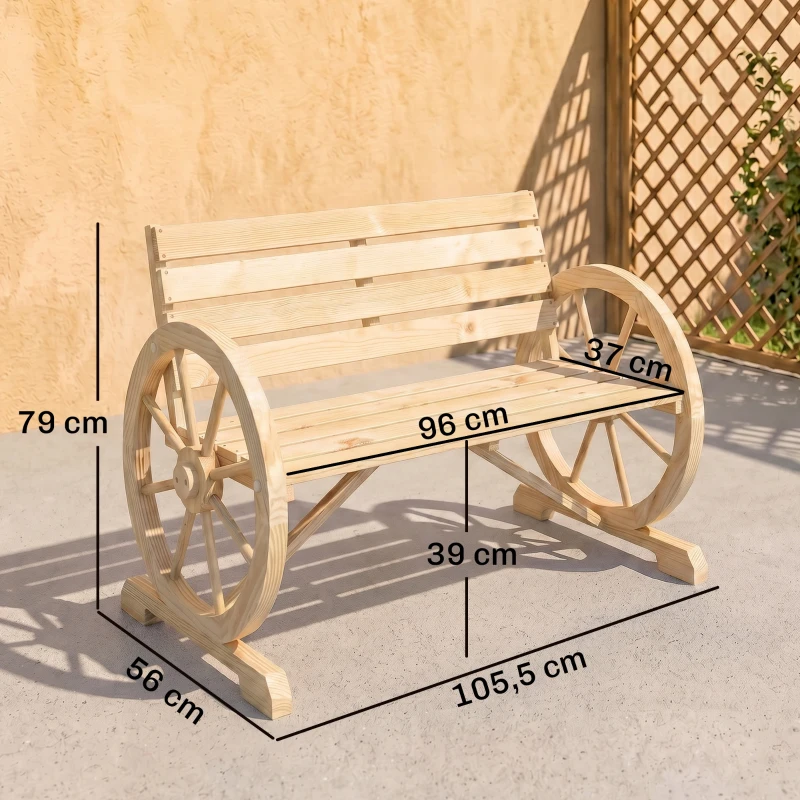 Outsunny Banc de Jardin banc 3 places en bois Style Rustique Chic accoudoirs Roues Charette Bois Sapin effet bois naturel