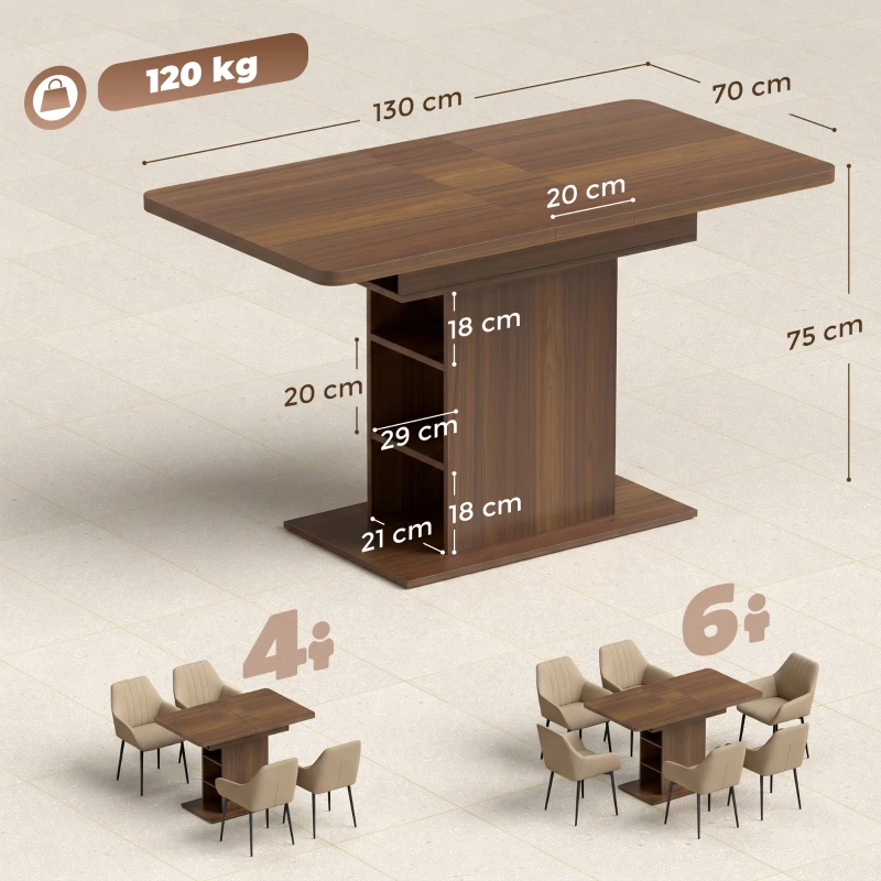 HOMCOM Extendable Dining Table for 4-6 People, 110-130cm Kitchen Table with 6 Open Shelves, Walnut Brown