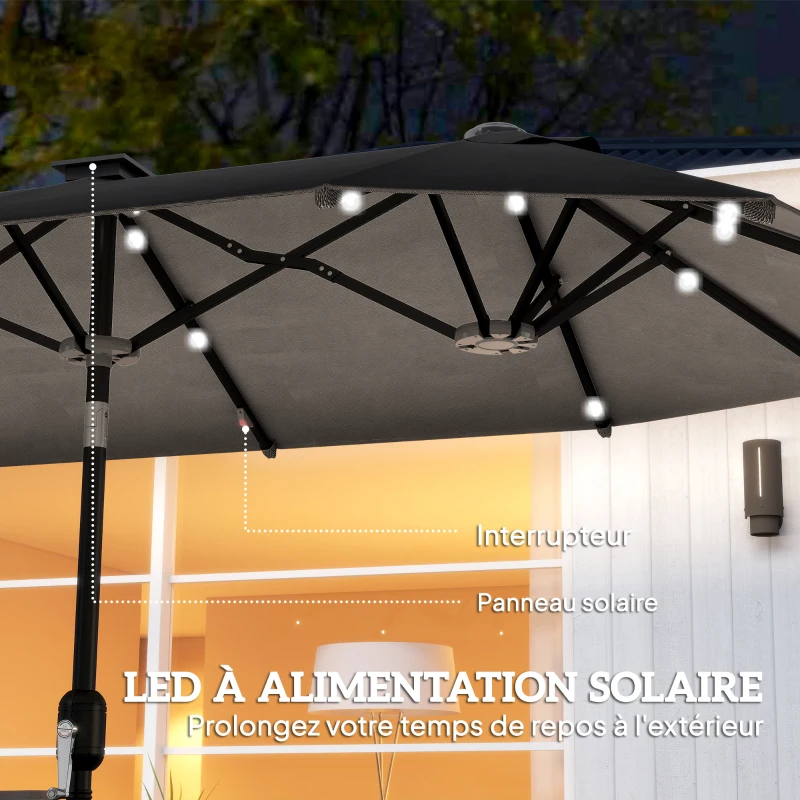 Outsunny Parasol de jardin double 3 x 1,5 m, parasol de jardin extérieur avec éclairage solaire, manivelle et 2 aérations, gris