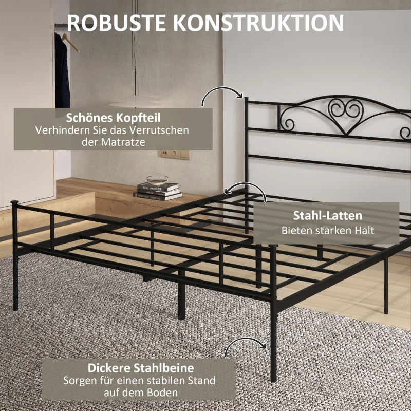HOMCOM Bett 160 x 200 cm Bettrahmen mit Lattenrost aus Stahl, Unterbettaufbewahrung, Doppelbett, Schwarz