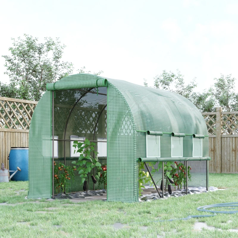 Outsunny Estufa de jardim túnel estufa túnel 6 m² com 6 janelas porta enrolável lona PE estrutura em aço galvanizado verde