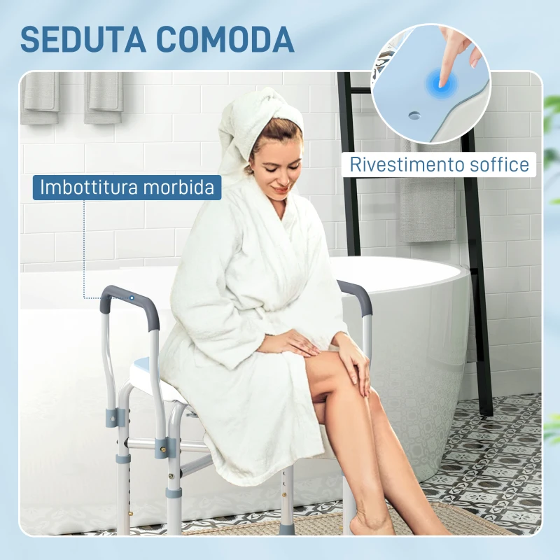 HOMCOM Sgabello da Doccia con Seduta Scanalata e Braccioli, Altezza Regolabile e Piedini Antiscivolo, Azzurro