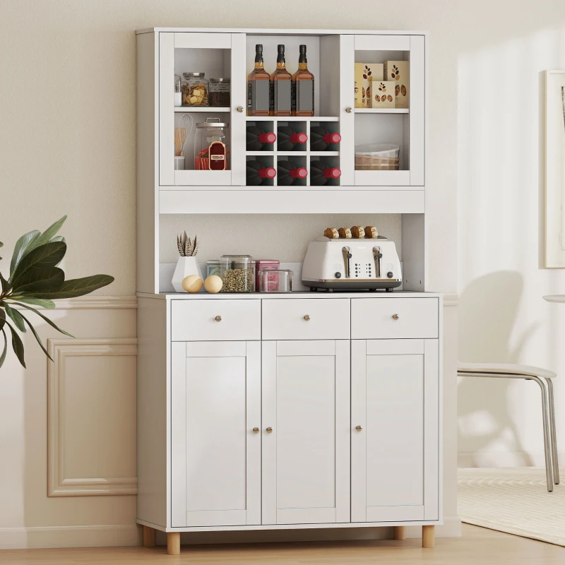 HOMCOM Armário de cozinha 180 cm, 2 portas de vidro, 3 gavetas, 4 prateleiras ajustáveis, armário de sala de jantar, placa de aglomerado, Branco