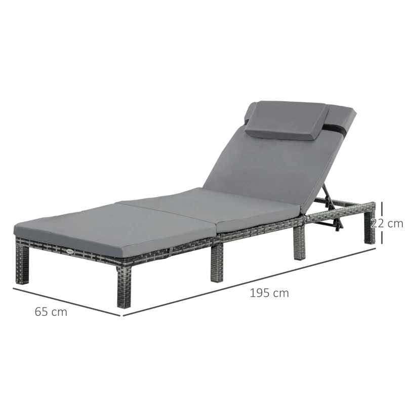 Outsunny PE Rattan Sun Lounger with Soft Padded Cushion - Patio Sun Lounger with 5-Level Reclining and Headrest, Grey