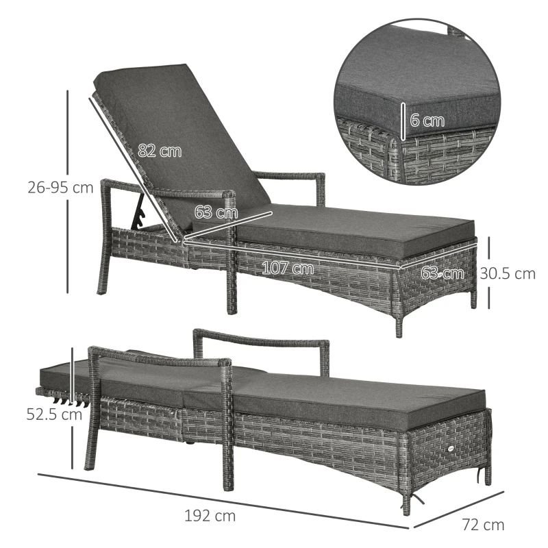 Outsunny Patio Rattan Sun Lounger, Dual Wicker Weave Outdoor Single Reclining Chair Furniture, 5-Level Adjustable Backrest w/ Removeable & Washable Cushion, Mixed Grey