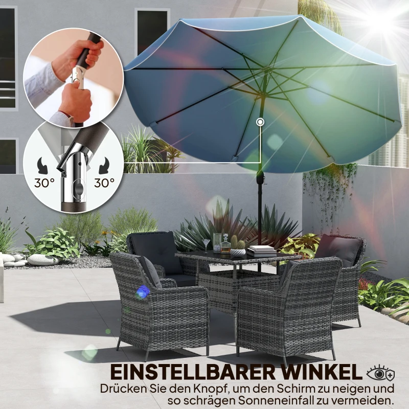 Outsunny Sonnenschirm rund Balkonschirm Strandschirm mit 3-facher Neigung Kurbel 8 Streben Ø265 x 235H cm Himmelblau