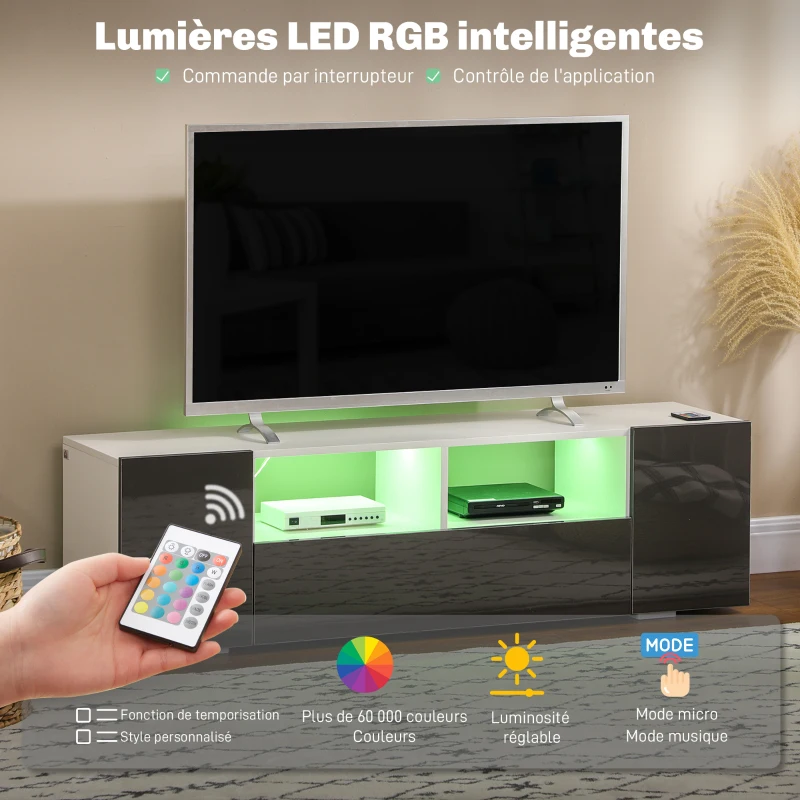 HOMCOM Meuble banc TV avec lumières LED 2 étagères et placards 137 x 35 x 42 cm blanc gris laqué