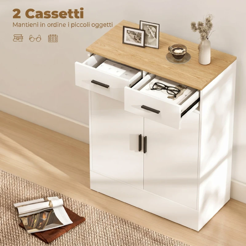 HOMCOM Credenza Moderna 2 Cassetti e Armadietto 2 Ante, Ripiano Interno Regolabile, Bianco e Legno