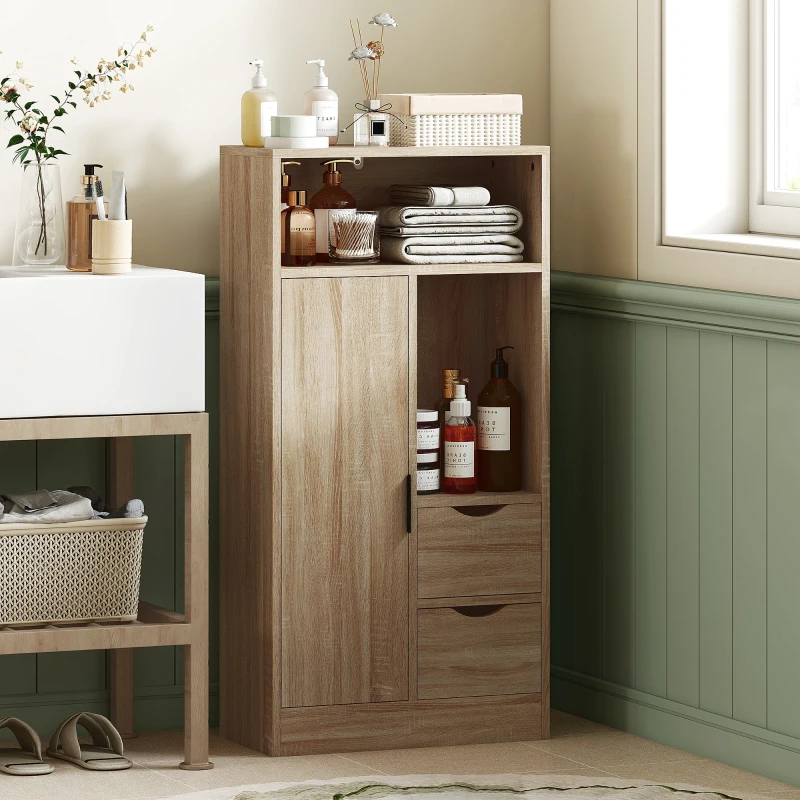 HOMCOM Meuble de salle de bain, meuble de rangement étroit avec 2 tiroirs, compartiments ouverts, 50x25x100cm, bois naturel