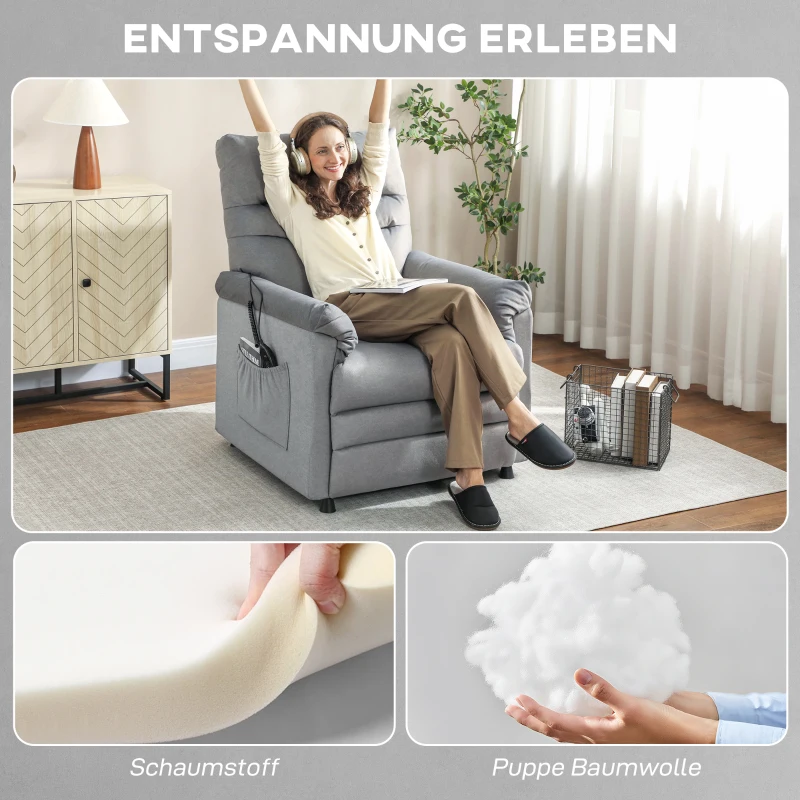HOMCOM Relaxsessel, Fernsehsessel mit Liegefunktion, Lendenheizung, 2 Fernbedienungen, USB-Anschluss, Leisem Motor, Grau