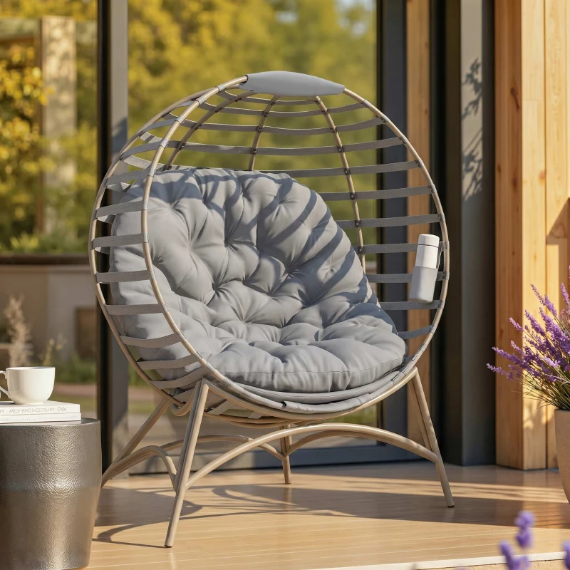 Outsunny Egg Chair with Cushion & Side Pocket - Light Grey