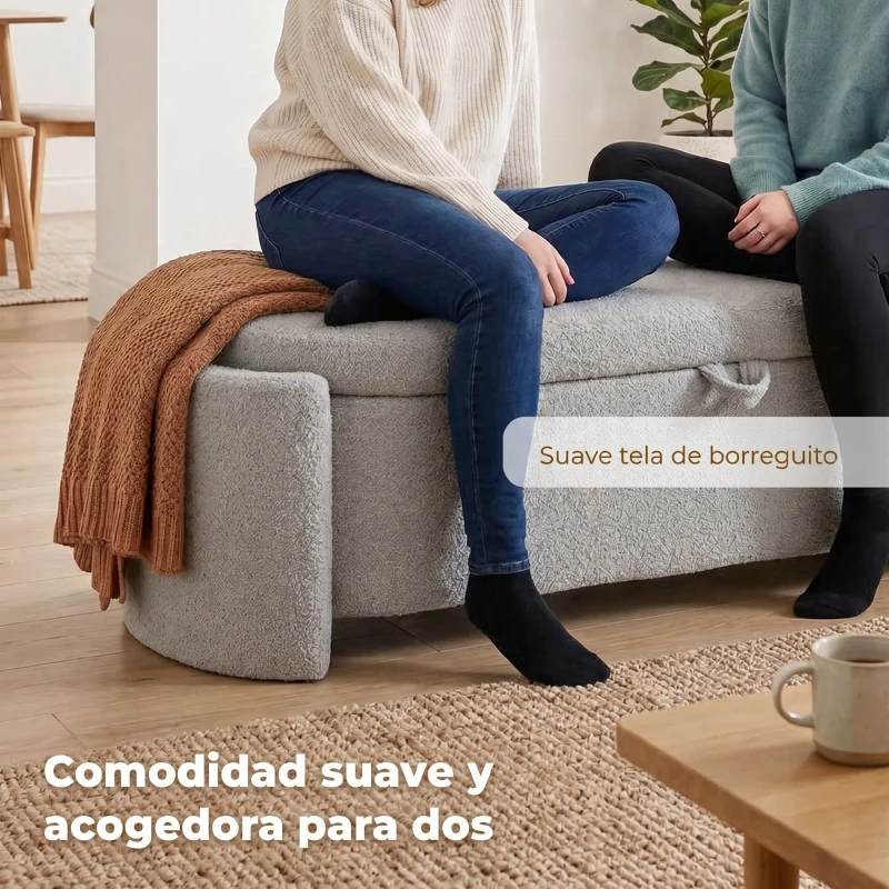 HOMCOM Puff Almacenaje Banco Almacenaje Ovalado 129x48,5x44 cm Tapizado en Terciopelo de Teddy Carga 200 kg Gris Claro