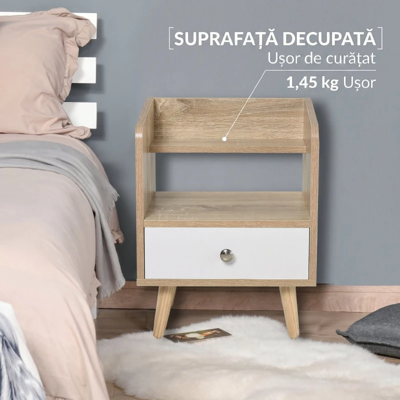 HOMCOM Noptiera Economie Spatiu Mobilier cu Sertar si Raft in Lemn 37x30x48cm - Stejar / alb
