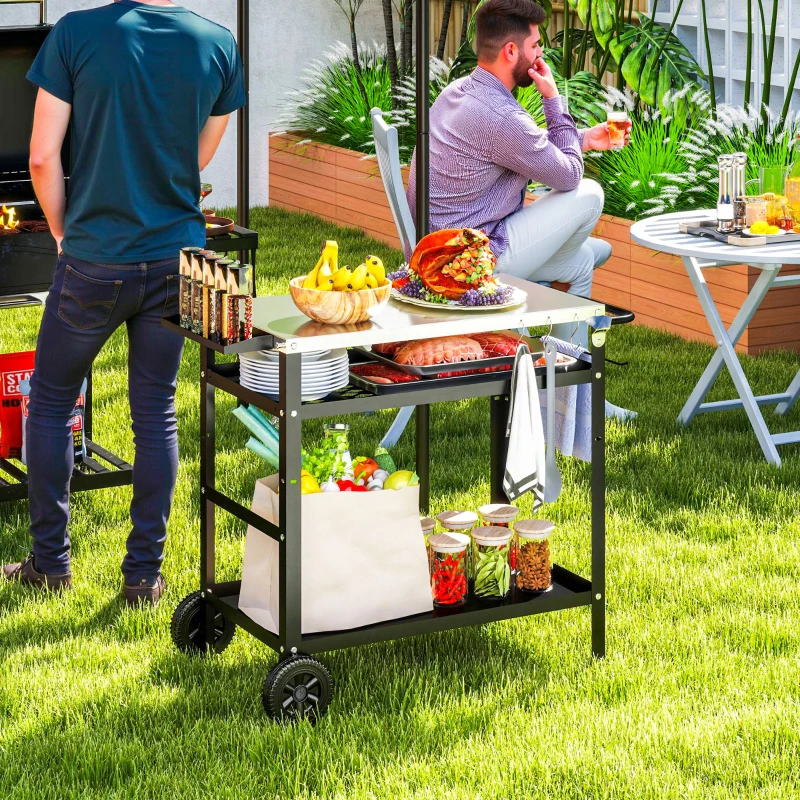 Outsunny Grillwagen 3-Etagen Servierwagen mit Arbeitsfläche Griffe Hülle Räder, BBQ Grilltisch Edelstahl 100x52x80cm Schwarz
