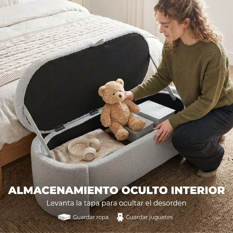 HOMCOM Puff Almacenaje Banco Almacenaje Ovalado 129x48,5x44 cm Tapizado en Terciopelo de Teddy Carga 200 kg Gris Claro