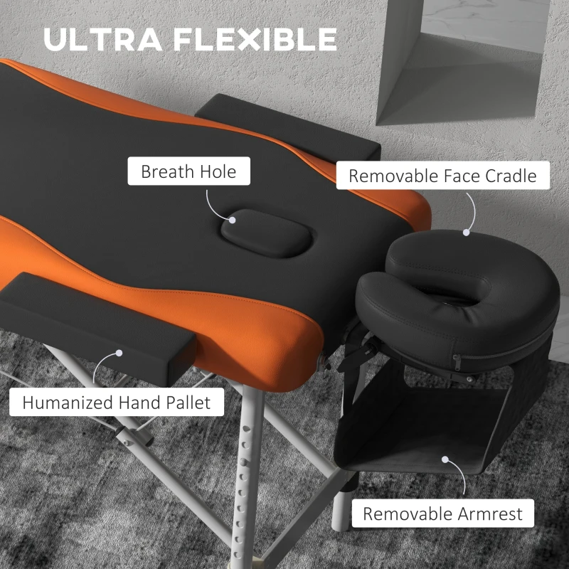 HOMCOM Foldable Massage Bed Portable Table, 3-Section Aluminium Foldable Beauty Couch, Professional Salon Spa Table with Headrest Support, 60 cm Width, Black and Orange